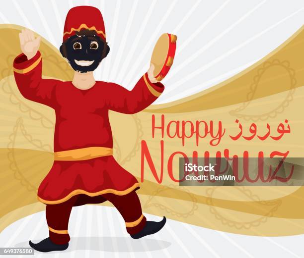 Traditional Man Disguised As Hajji Firuz With Tambourine Celebrating Nowruz Stock Illustration - Download Image Now