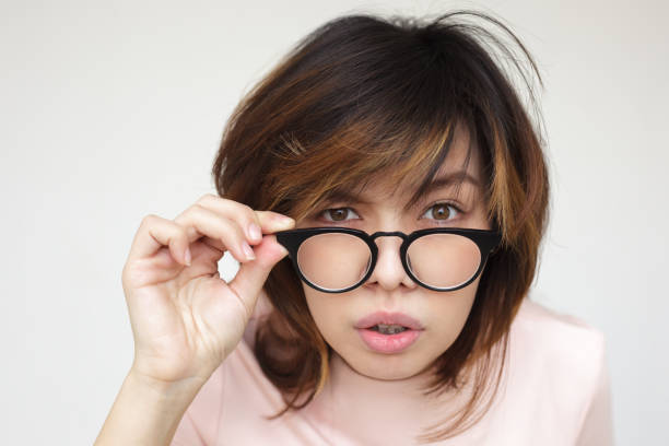 istock Pretty woman looks forward searching for information 649377364