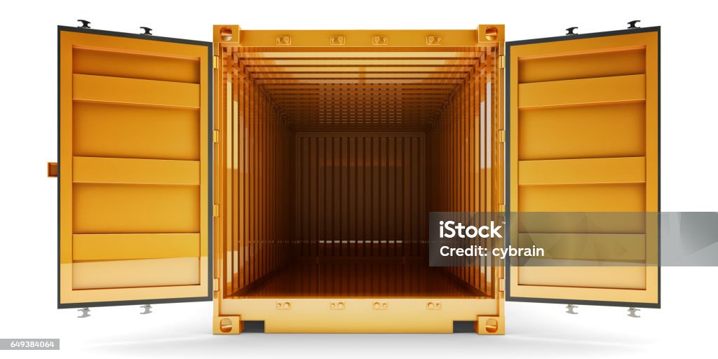 Freight transportation and shipping concept Front view of open empty cargo container with open doors, isolated on white background Cargo Container Stock Photo