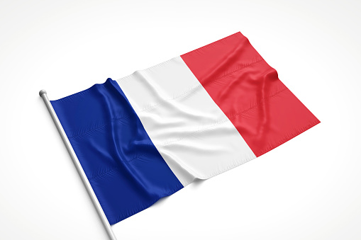 French flag is laying on a white surface with flag pole attached. 3D Rendering.
