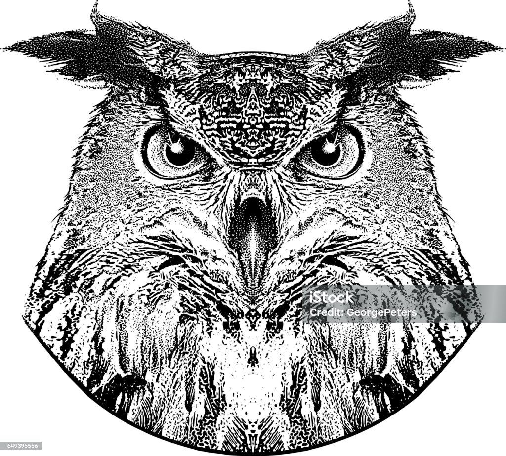 Stipple portrait of a Great Horned Owl Close up portrait of a Great Horned Owl. Illustration stock vector