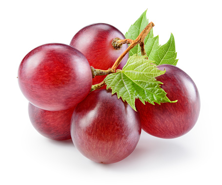 Ripe red grape with leaf isolated on white. With clipping path. Full depth of field.