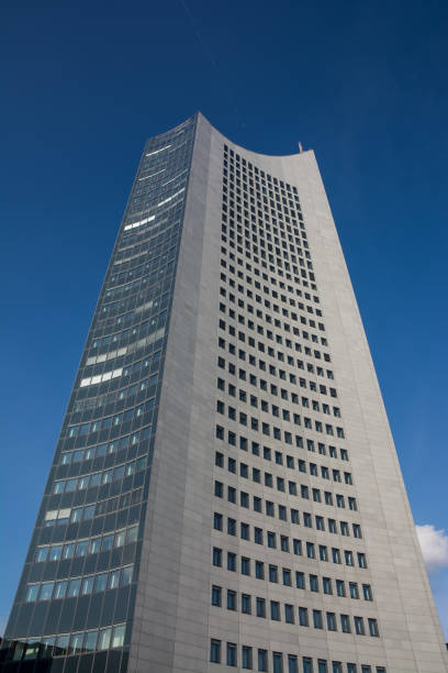 istock Leipzig Panorama Tower Highrise Skyscraper Blue Skies Outdoors Germany Modern European Architecture Glass Office Building 649401914