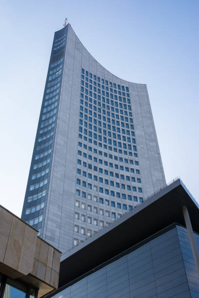 istock Leipzig Panorama Tower Highrise Skyscraper Blue Skies Outdoors Germany Modern European Architecture Glass Office Building 649416510