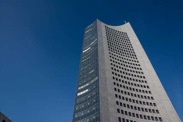 istock Leipzig Panorama Tower Highrise Skyscraper Blue Skies Outdoors Germany Modern European Architecture Glass Office Building 649424964