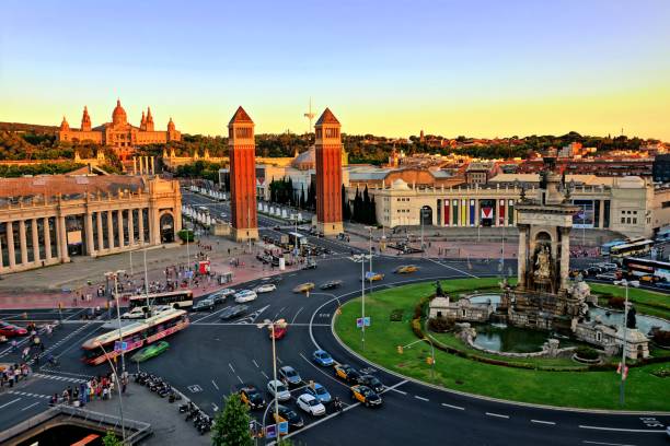 istock Placa d'Espanya aerial view at sunset, Barcelona, Spain 649425082