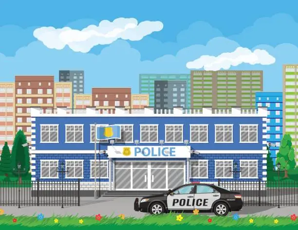 Vector illustration of City police station biulding, car, tree, cityscape