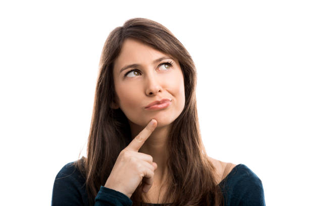 beautiful woman isolated over a white background thinking on something - suspicion imagens e fotografias de stock