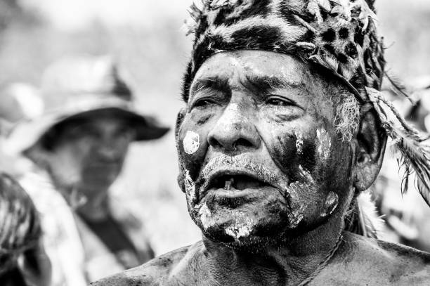 Portrait of Indigenous chief in Paraguayan community stock photo