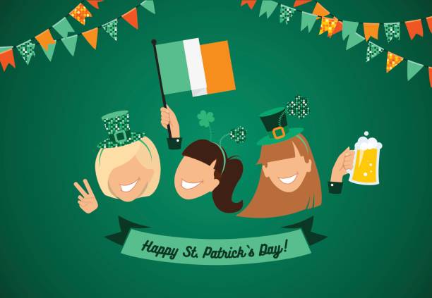 ilustrações, clipart, desenhos animados e ícones de bandeira do dia de são patrício. grupo de meninas com símbolos de férias - republic of ireland flag human face irish culture