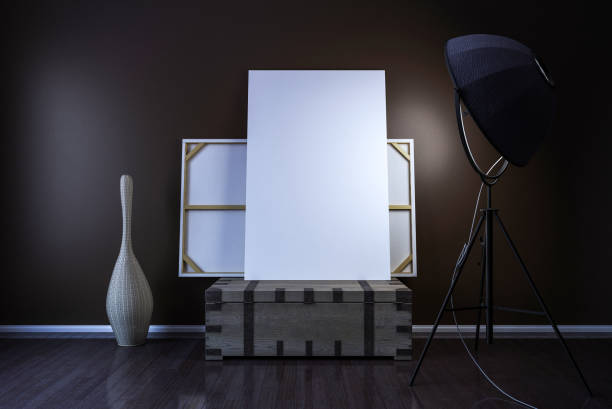 istock Blank canvas on an old crate, room lighting and decoration 649458434