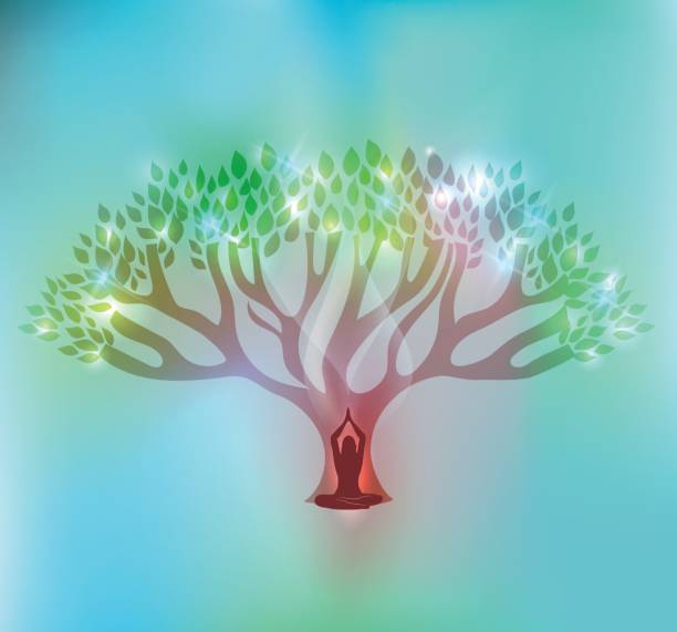 istock Big tree and woman at the front of the tree with sparkling leafs 649466896