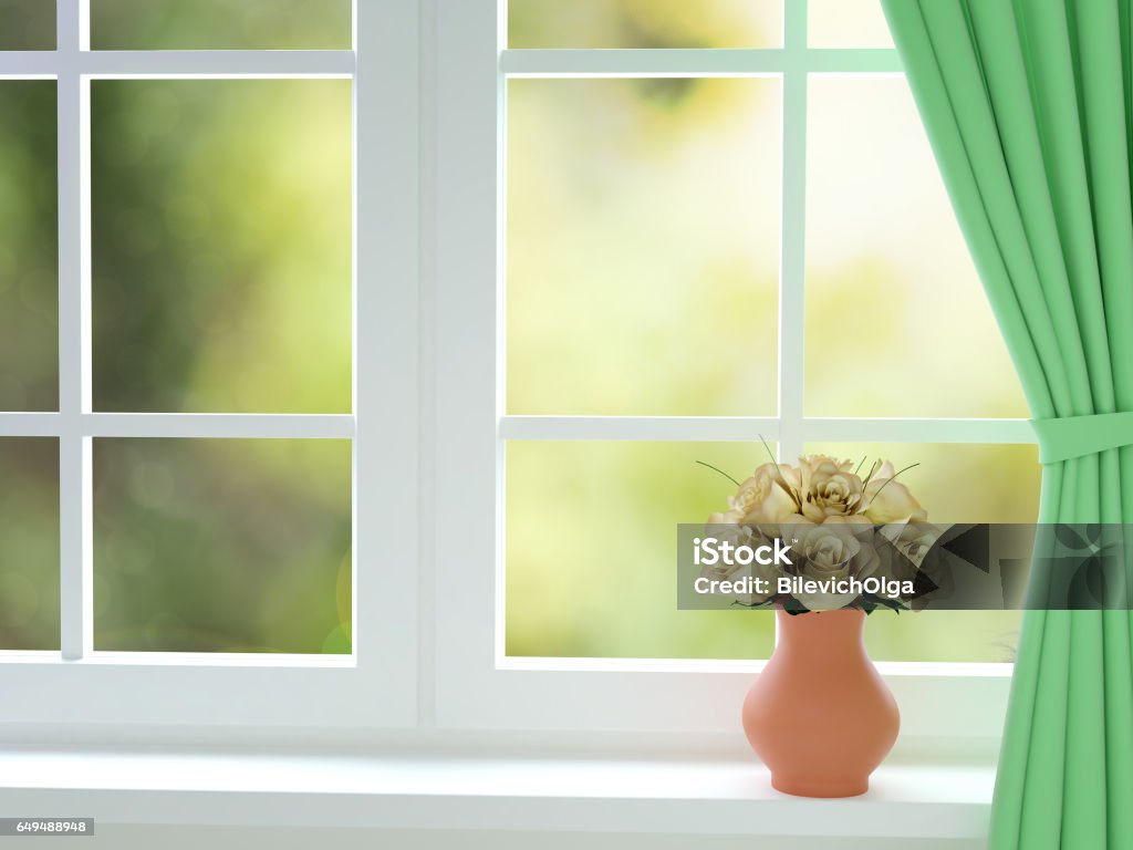 Bouquet of summer roses in glass vase near the window. 3d render Bouquet of summer roses in glass vase near the window. 3d rendering Arrangement Stock Photo