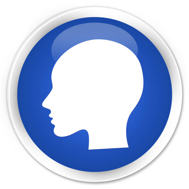 Head woman face icon isolated on premium blue round button abstract illustration