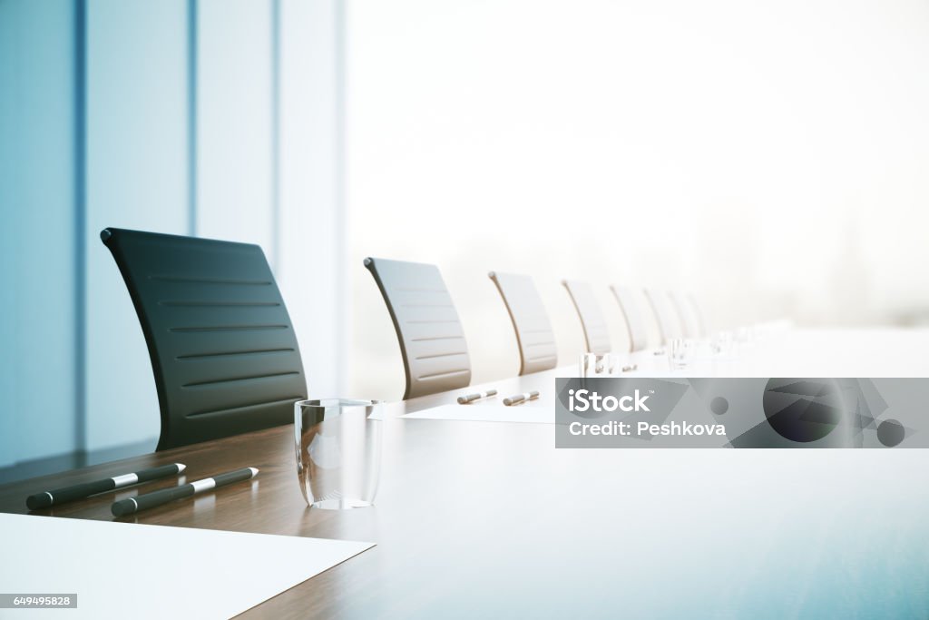 Conference table closeup Close of up table with equipment in conference room. 3D Rendering Meeting Room Stock Photo