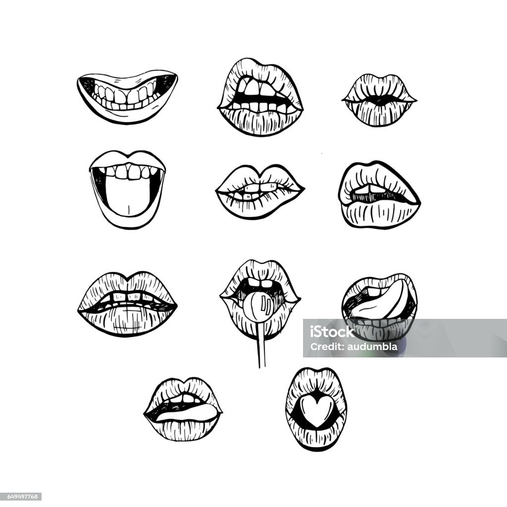 Set of hand drawn lips Hand drawn lips. Sketchy cartoon style lips. Vector illustration. Mouth stock vector