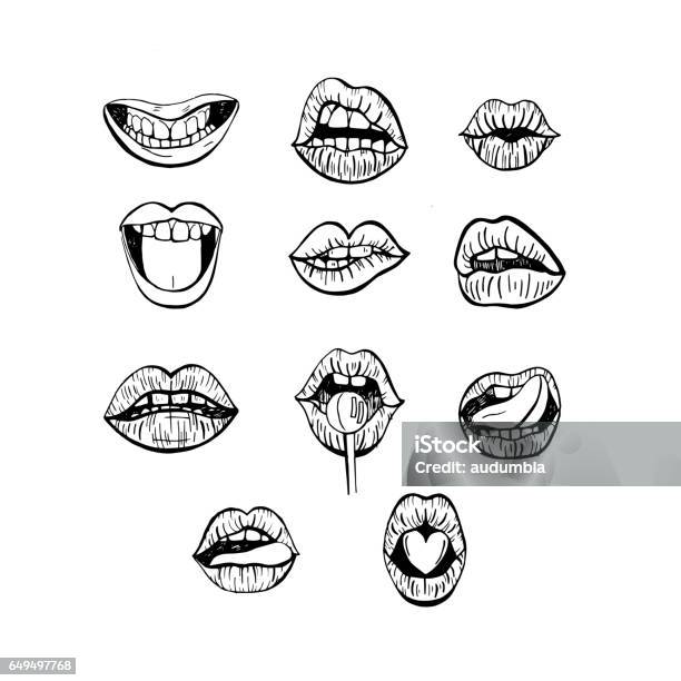 Set Of Hand Drawn Lips Stock Illustration - Download Image Now - Mouth, Human Lips, Sketch