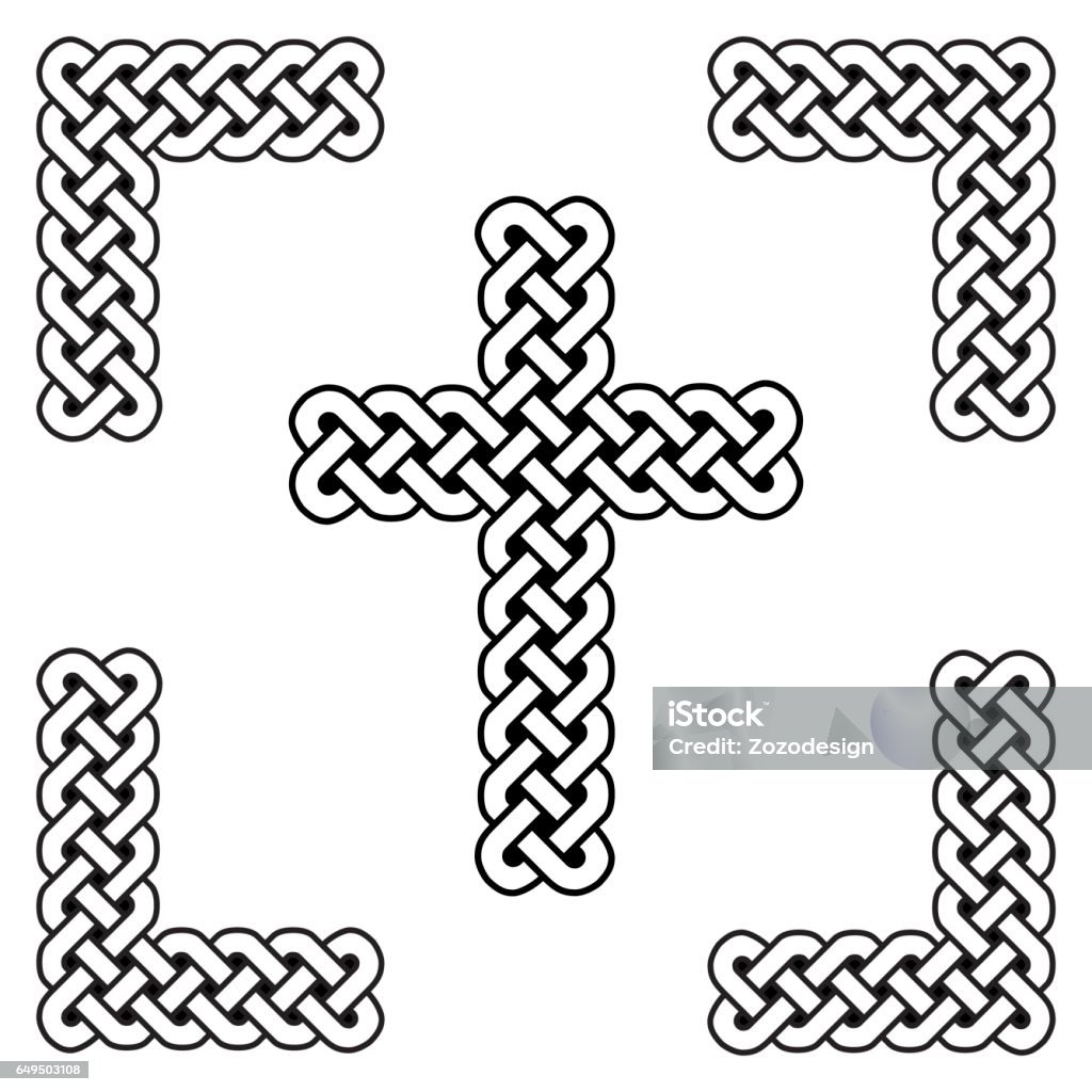Celtic style endless curved  knot  cross symbols in white and black in knotted frame  inspired by Irish St Patrick's Day, and Irish and Scottish carving art Border - Frame stock vector