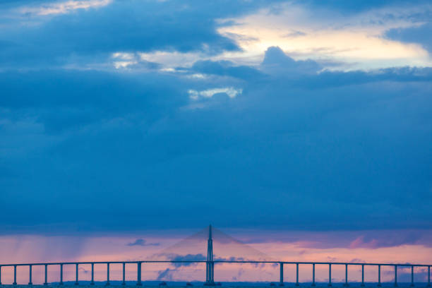 Panorama of the Manaus-Iranduba Bridge (called Ponte Rio Negro in Brazil) during the sunset. Bridge over the Rio Negro with 3595 meters of length that links the cities of Manaus and Iranduba.