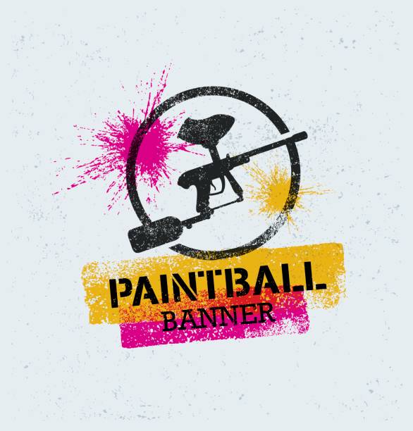 paintball-markierer pistole vektor splat banner auf grunge hintergrund - paintball stock-grafiken, -clipart, -cartoons und -symbole