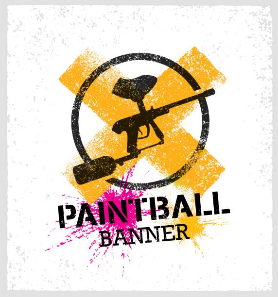 ilustraciones, imágenes clip art, dibujos animados e iconos de stock de marcadora de paintball pistola splat vector bandera sobre fondo de grunge - gun rounds