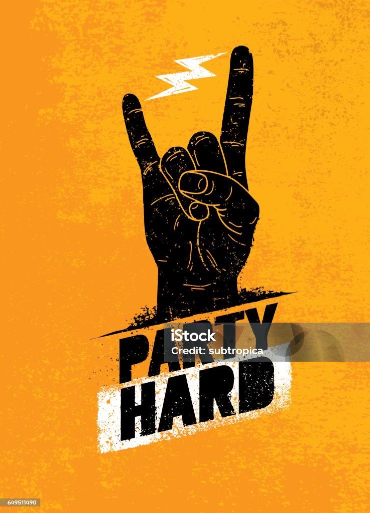 Party Hard Creative Motivation Banner Vector Concept on Grunge Distressed Background Party Hard Creative Motivation Banner Vector Concept on Grunge Distressed Background. Rock Music stock vector