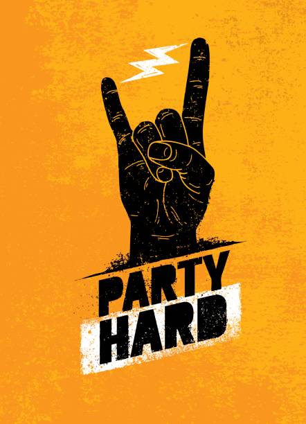 Party Hard Creative Motivation Banner Vector Concept on Grunge Distressed Background Party Hard Creative Motivation Banner Vector Concept on Grunge Distressed Background. rock musician stock illustrations