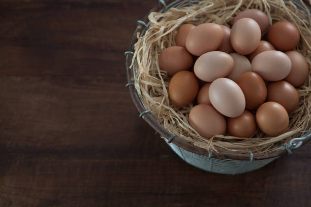 istock Horizontal Top View of Fresh Chicken Eggs in Wire Basket 649512340