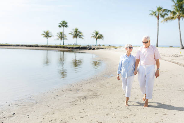 istock Senior couple walking at the beach 649528438