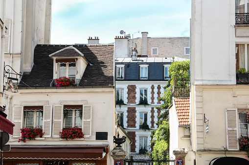 Montmartre district buildings in Paris, close up