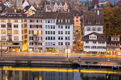 Aerial view of Zurich at dusk, river Limmat is seen in the foreground, Switzerland, 50 megapixel image.