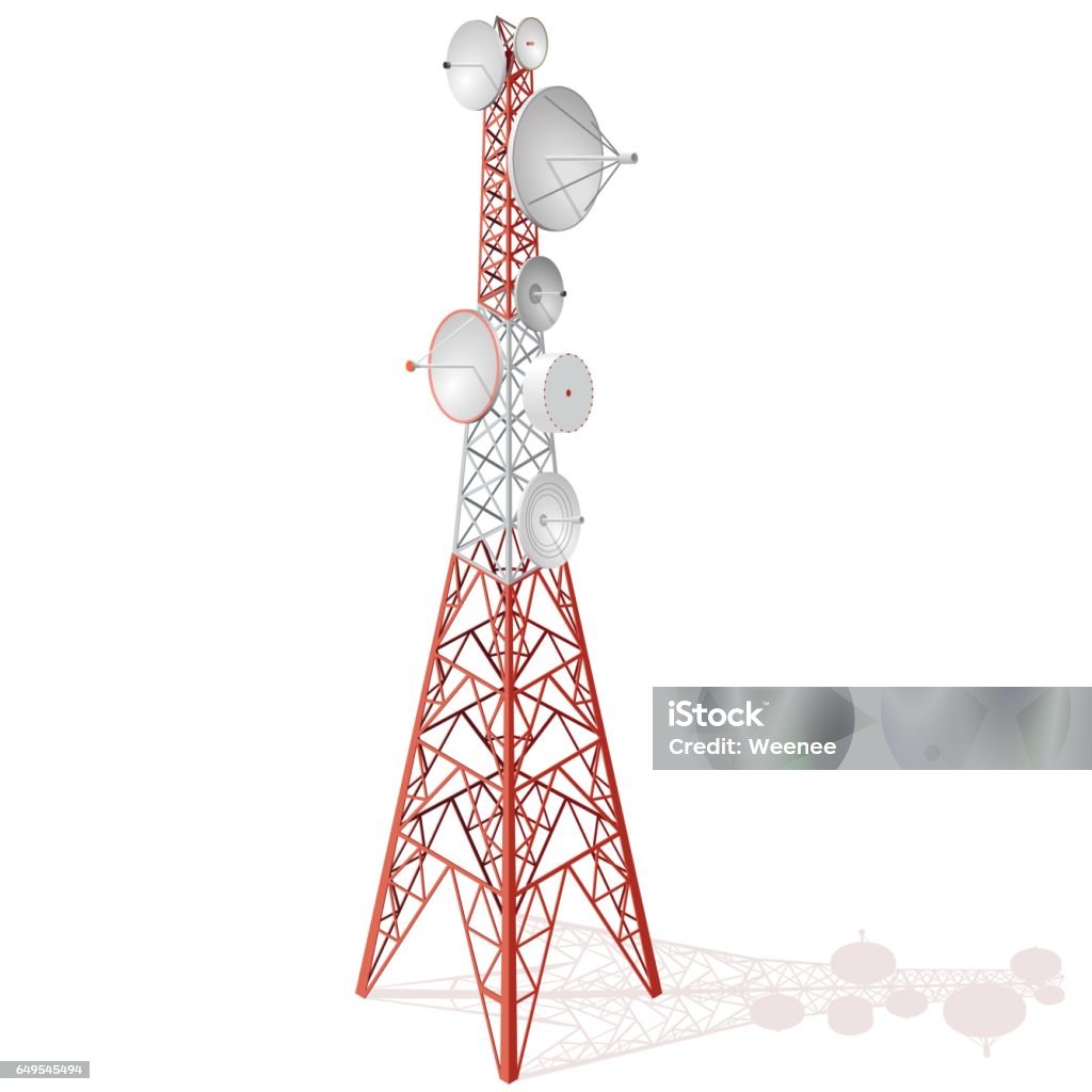 白い背景に分離された等尺性の視点でベクトル衛星タワー。 - 通信塔のロイヤリティフリーベクトルアート