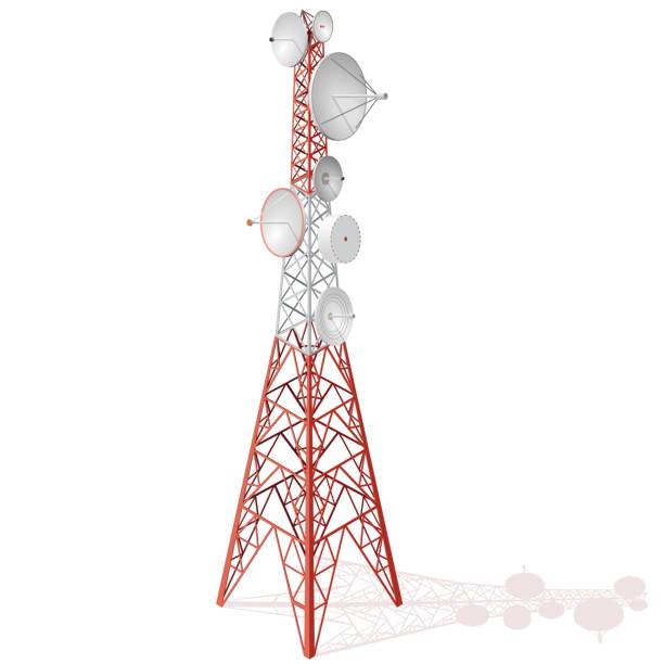 Vector satellite tower in isometric perspective isolated on white background. Vector satellite tower in isometric perspective isolated on white background. Transmission Tower telephone and television signals. Red-white communications tower. communications tower broadcasting antenna telecommunications equipment stock illustrations