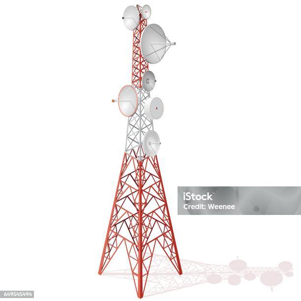 Vector Satellite Tower In Isometric Perspective Isolated On White Background Stock Illustration - Download Image Now