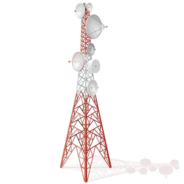Vector illustration of Vector satellite tower in isometric perspective isolated on white background.