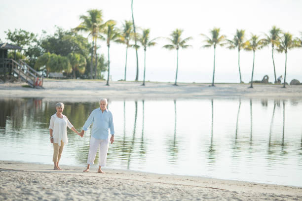 istock Senior couple walking at the beach 649549036