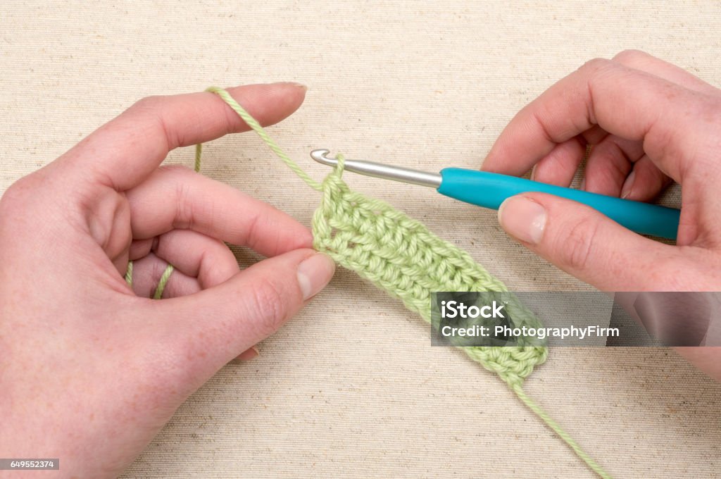 Crocheting Stitching Green Yarn Knitting Hook Stock Photo