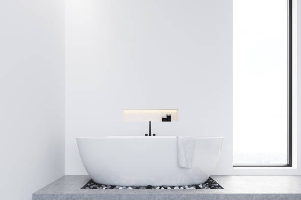 istock Front view of bathroom with concrete floor 649555074