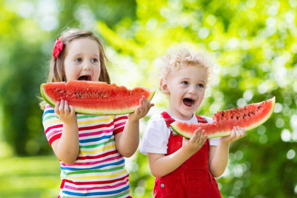 istock Kids eating watermelon in the garden 649559568