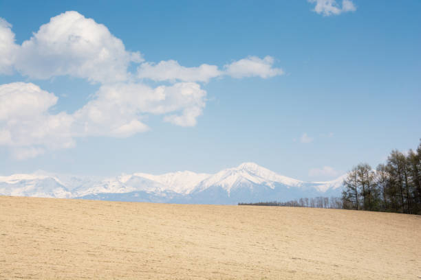 Spring fields and mountain ranges of residual snow Spring fields and mountain ranges of residual snow in Hokkaido Japan 田畑 stock pictures, royalty-free photos & images