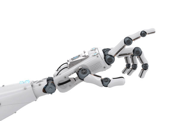 mano robótica señalando - brazo robótico fotografías e imágenes de stock