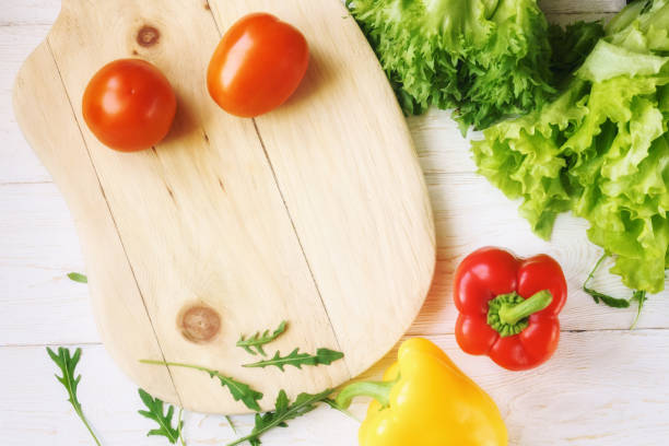 istock bell pepper, green salad and arugula, top view 649570268