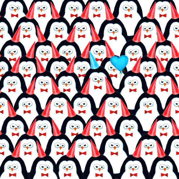 Crowd of penguins. Funny black penguin with heart balloon - birthday watercolour drawing. Cartoon hand drawn design. Watercolor illustration