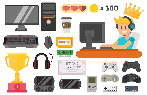 Flat design kiber sport gaming vector illustration concept tool and essential. Various devices player virtual computer gamer item element. Man with headphones.