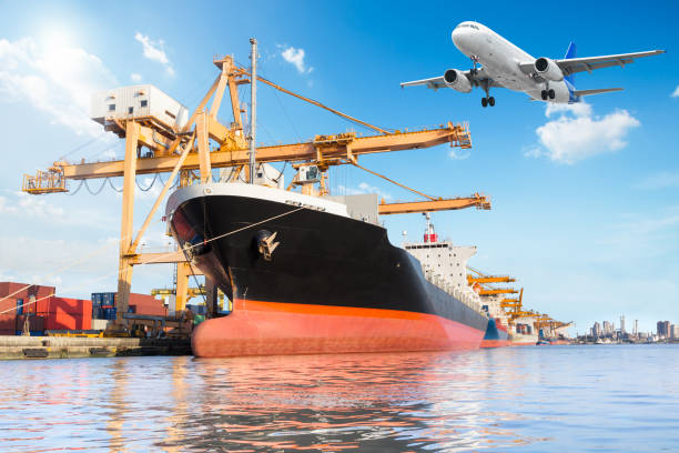 istock Cargo plane flying above ship port for logistic import export 649580788