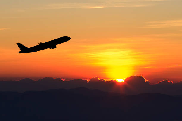 istock Silhouette of an airplane at sunset. 649586934