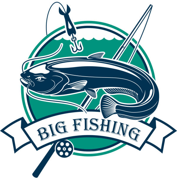ilustrações, clipart, desenhos animados e ícones de emblema de clube grande pesca esporte - catfish fish fishing fishing hook