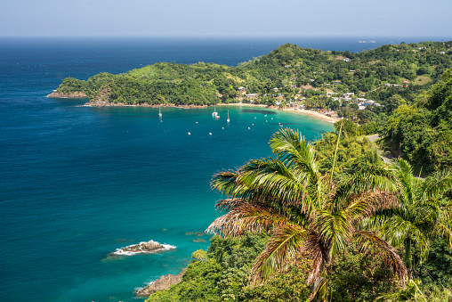View of Castara Bay and beach from above. The Caribbean Sea makes Tobago a world class travel destination.