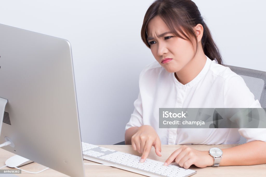 Woman Use The Computer And She Feel Boring Stock Photo - Download Image ...