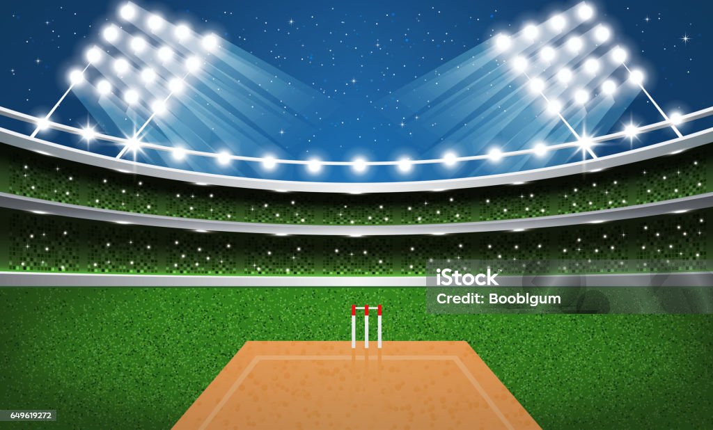 Cricket Stadium with Neon Lights. Arena. Cricket Stadium with Neon Lights. Arena. Vector Illustration. Cricket Field stock vector